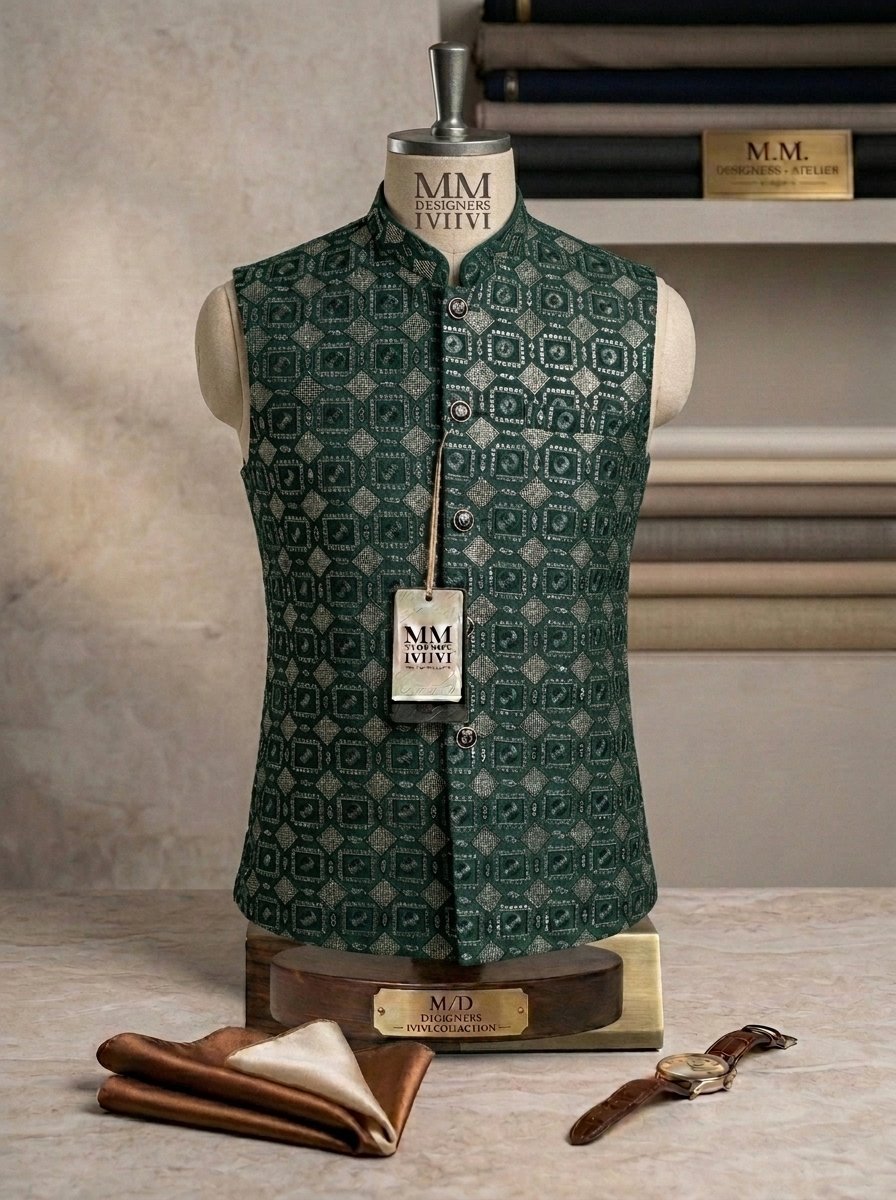 Bottle Green Sequence Embroidered Waistcoat